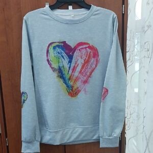 Grey Heart Sweatshirt Size LARGE HEART ON EACH SLEEVE